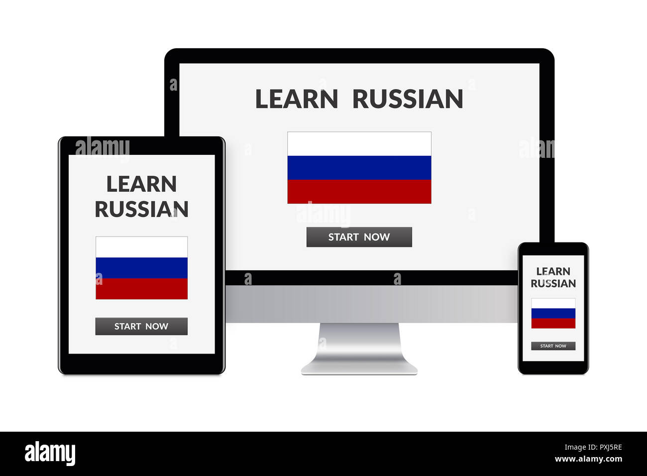 Computer desktop, tablet e smartphone isolato su bianco con Impara il russo concetto sullo schermo. Digital ha generato i dispositivi. Foto Stock