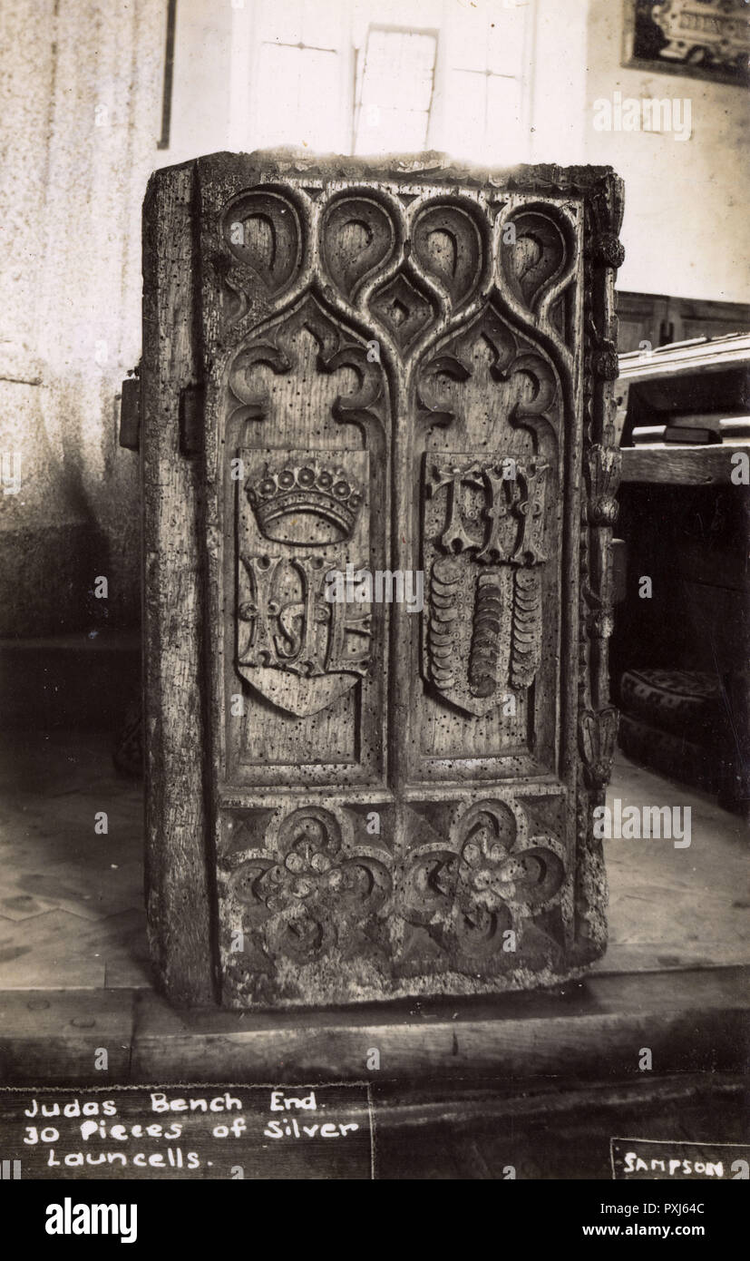 Launcells, Cornovaglia - Judas Bench End - 30 pezzi d'argento Foto Stock