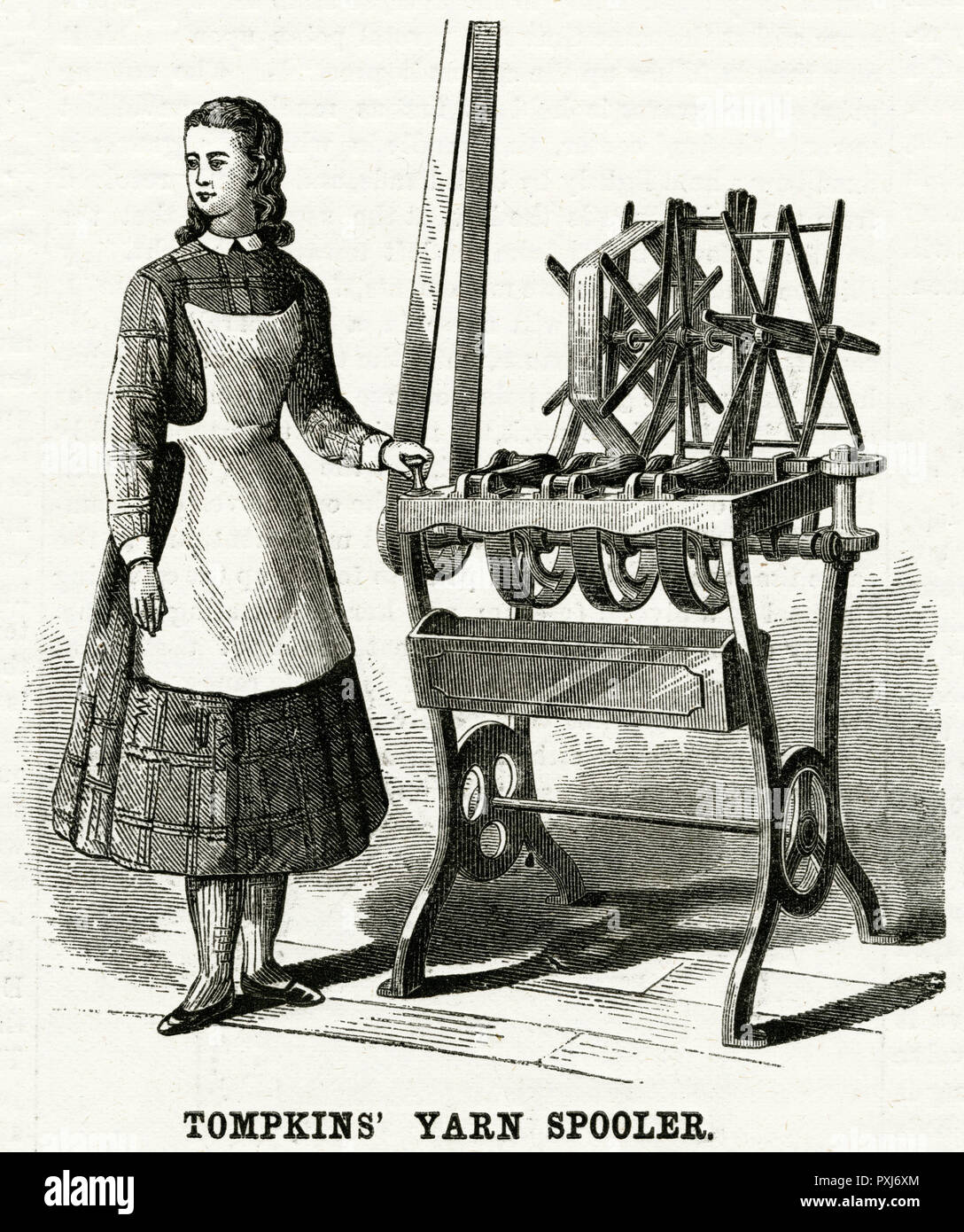 A pavimento semplice costruzione di avvolgimento per matassa di filo su bobine per macchine da cucire, destinati principalmente per calzetteria produce. Data: 1875 Foto Stock