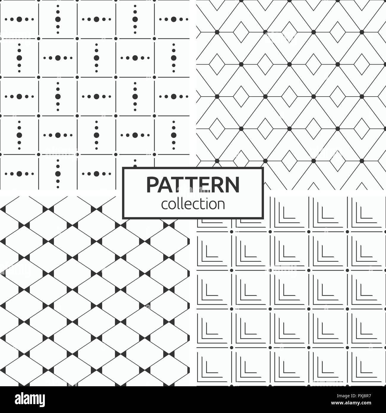 Set di quattro modelli senza giunture. Geometrica astratta alla moda sfondi del vettore. Moderno ed elegante texture di rombi, linee rettangolari, geometriche. Illustrazione Vettoriale