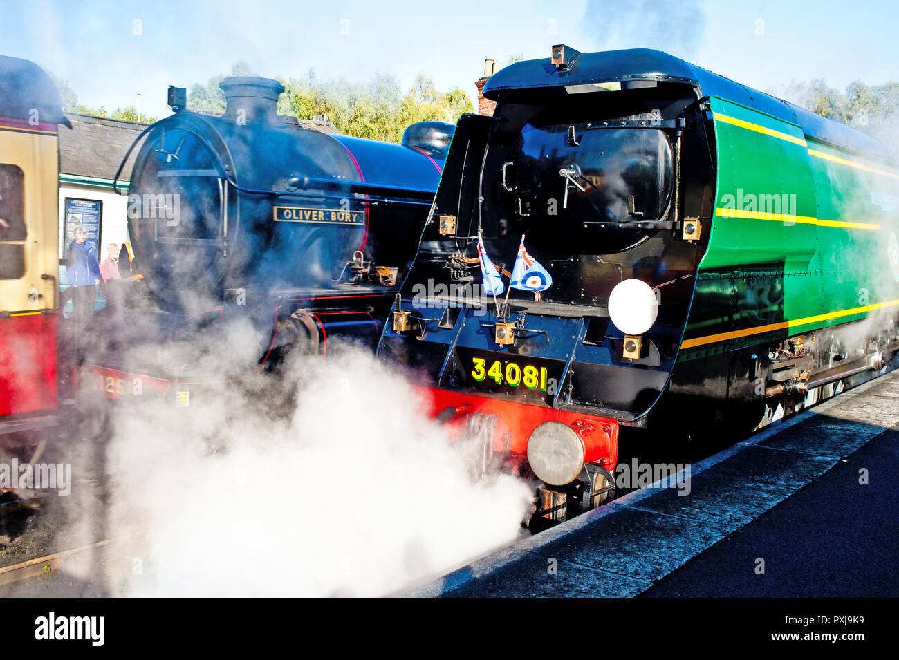 B1 Oliver seppellire e della Battaglia di Bretagna Classe n. 34081 92 Squadron, Grosmont, North Yorkshire Moors Railway, Inghilterra Foto Stock