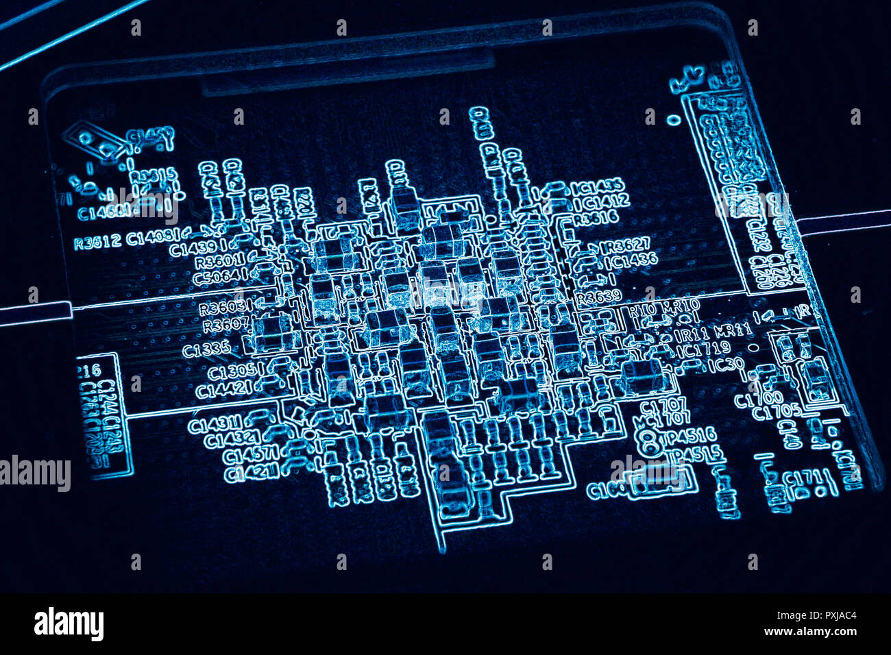 Scheda elettronica a circuito stampato, blu sfondo digitale della GPU unità di elaborazione Foto Stock