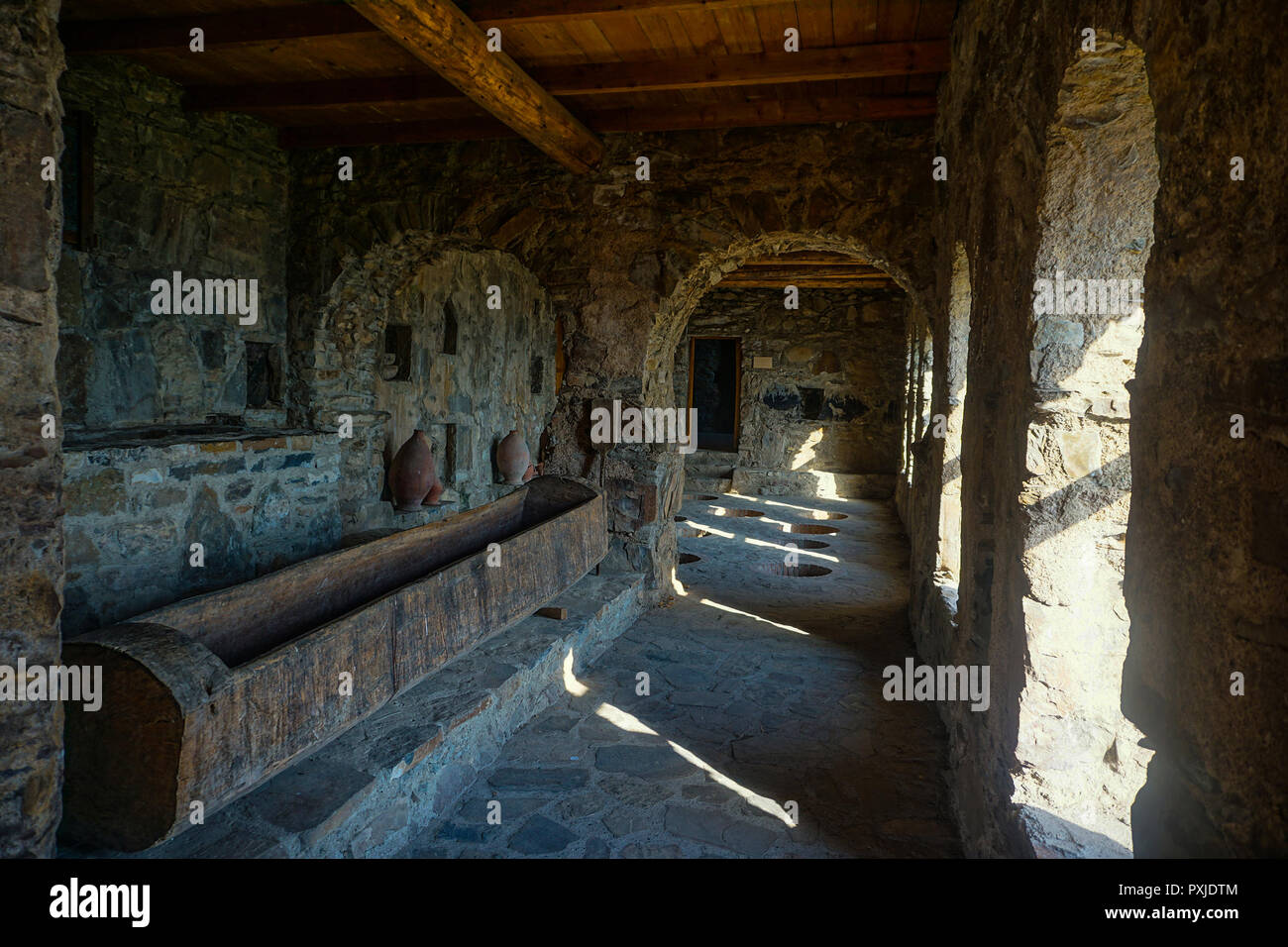 Monastero di Nekresi uve Camera di elaborazione con la luce del sole e gli artefatti Foto Stock