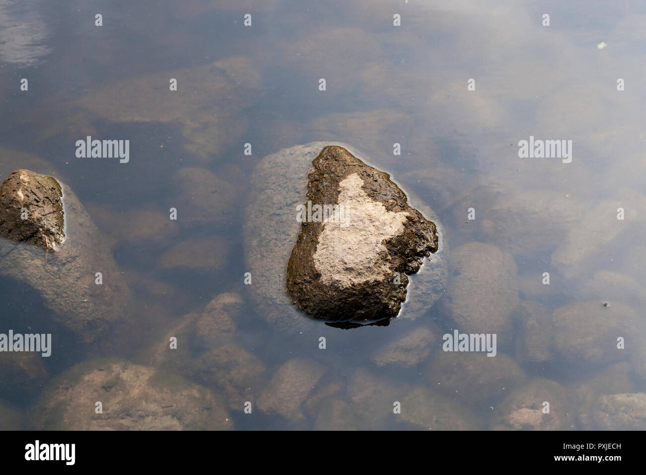 Il vecchio casale bastoni fuori delle acque del lago durante la shallowing Foto Stock