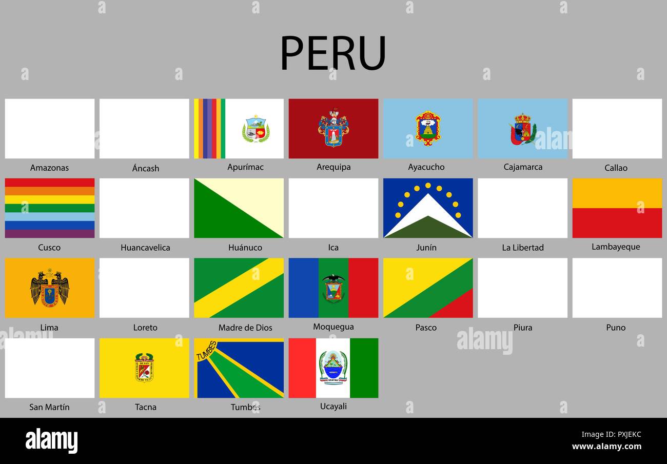 Tutte le bandiere dei dipartimenti del Perù. Vector illustraion. flag impostato Illustrazione Vettoriale