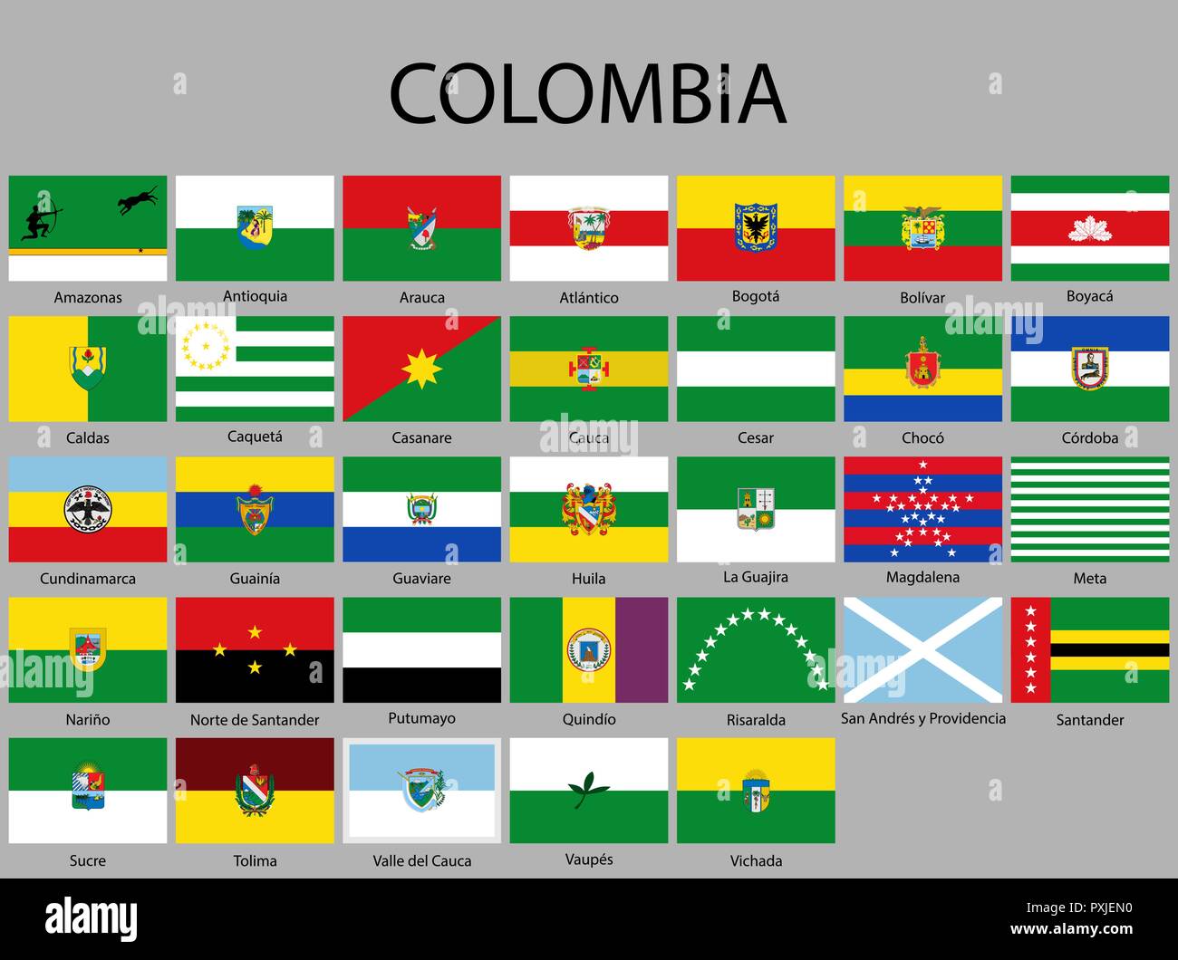 Tutte le bandiere dei dipartimenti della Colombia. Illustraion vettore Illustrazione Vettoriale