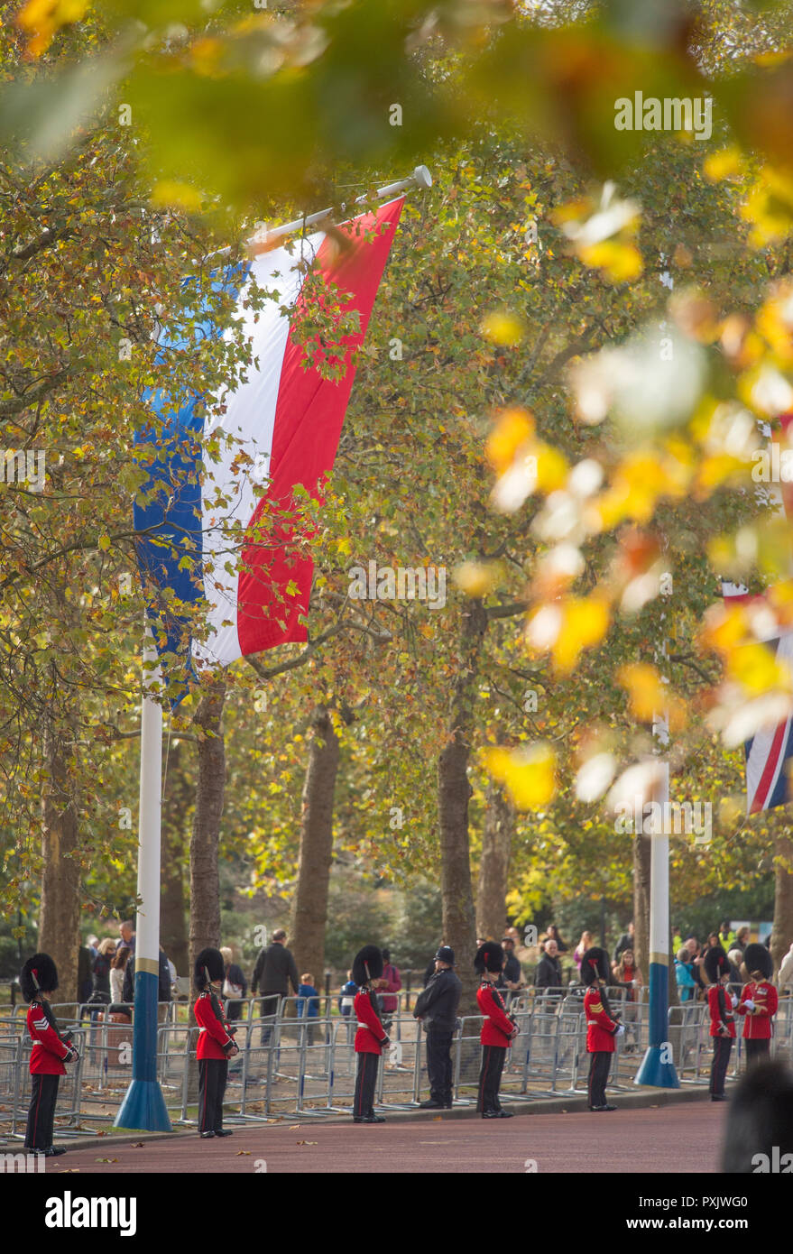 Il centro commerciale di Londra, Regno Unito. 23 ottobre, 2018. Il re e la Regina dei Paesi Bassi, accompagnato da della Regina e del principe Charles, sono scortati al Buckingham Palace dal sovrano di scorta, con due standard, fornito dalla famiglia di cavalleria reggimento montato in autunno sunshine. Credito: Malcolm Park/Alamy Live News. Foto Stock