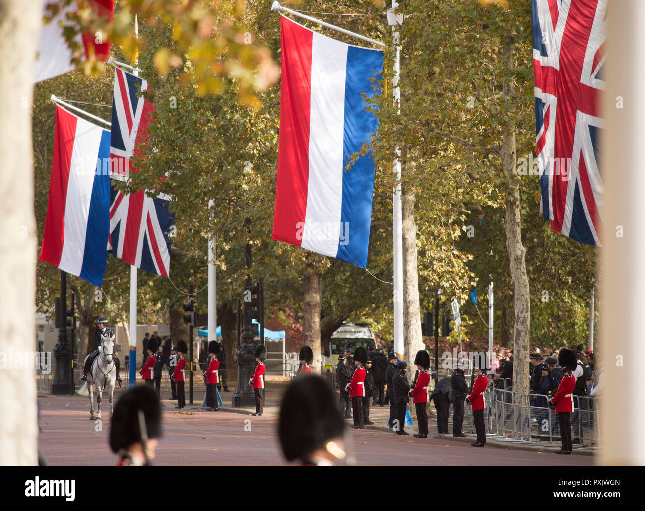 Il centro commerciale di Londra, Regno Unito. 23 ottobre, 2018. Il re e la Regina dei Paesi Bassi, accompagnato da della Regina e del principe Charles, sono scortati al Buckingham Palace dal sovrano di scorta, con due standard, fornito dalla famiglia di cavalleria reggimento montato in autunno sunshine. Credito: Malcolm Park/Alamy Live News. Foto Stock