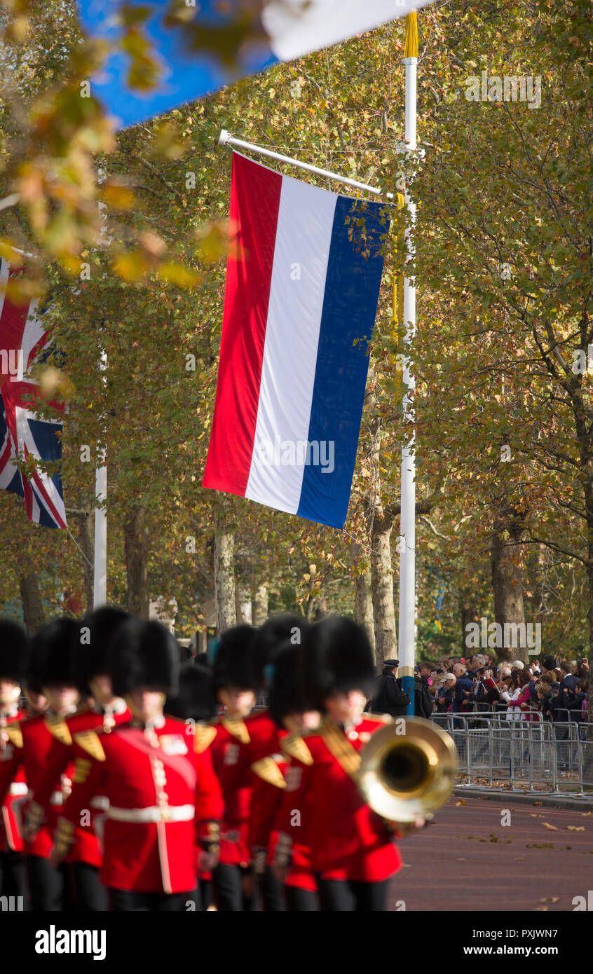 Il centro commerciale di Londra, Regno Unito. 23 ottobre, 2018. Il re e la Regina dei Paesi Bassi, accompagnato da della Regina e del principe Charles, sono scortati al Buckingham Palace dal sovrano di scorta, con due standard, fornito dalla famiglia di cavalleria reggimento montato in autunno sunshine. Credito: Malcolm Park/Alamy Live News. Foto Stock