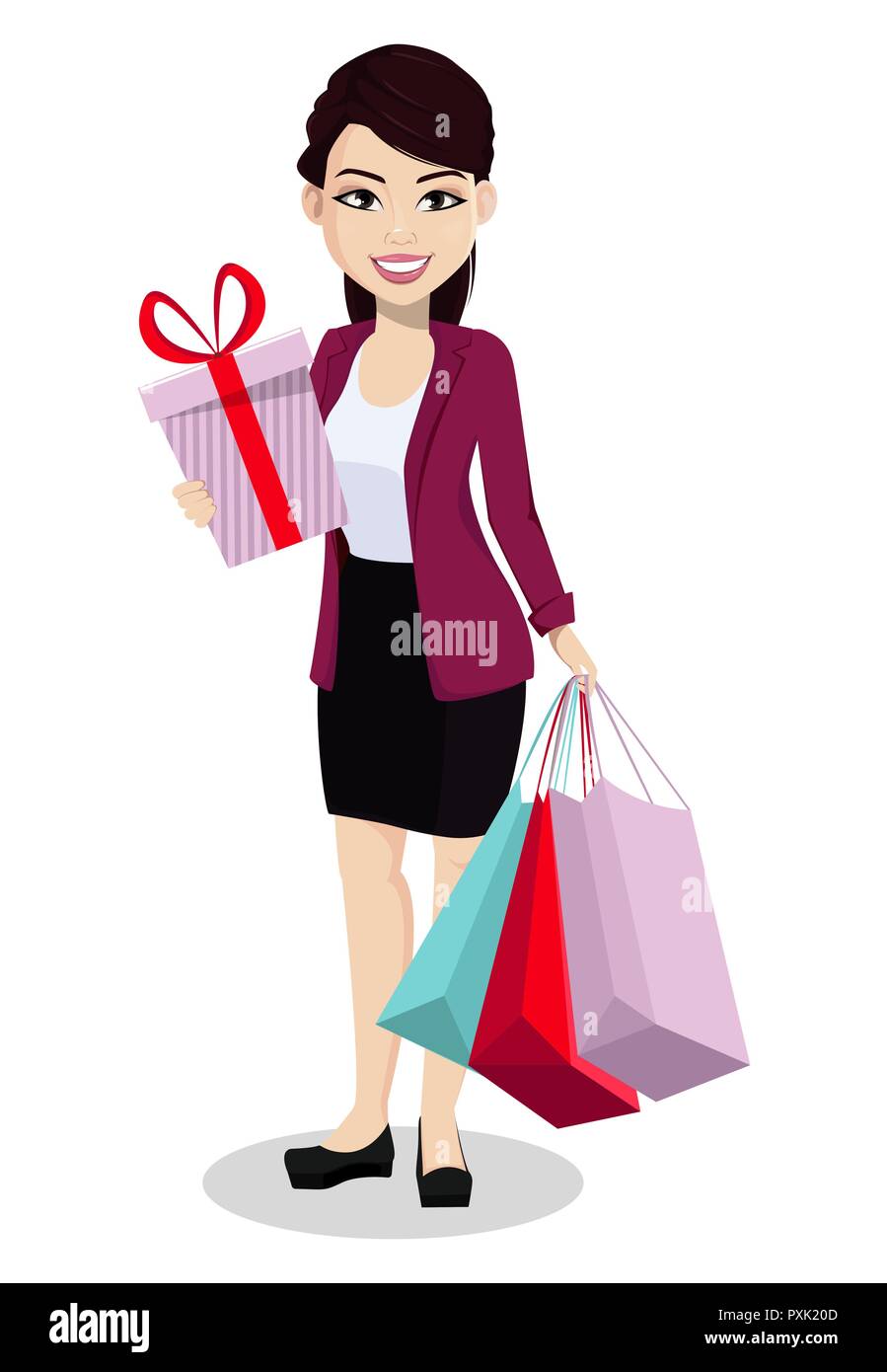 Asian business woman in vestiti dell'ufficio. Bella Signora, personaggio dei fumetti detiene confezione regalo e borse per lo shopping. Illustrazione di vettore isolato sul retro bianco Illustrazione Vettoriale