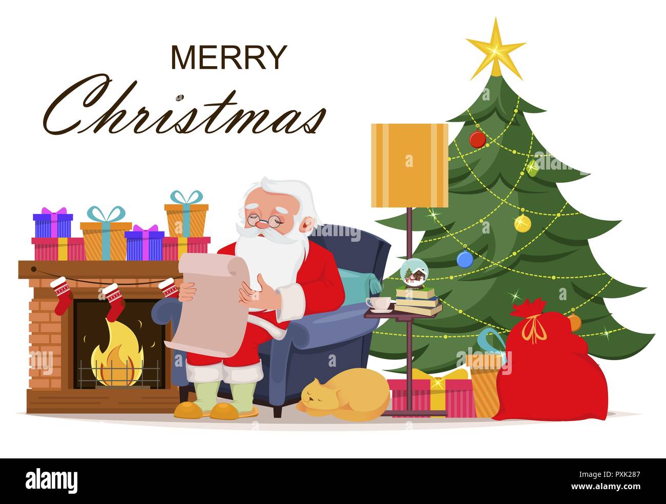 Buon Natale biglietto di auguri con Babbo Natale seduto in poltrona a casa vicino al camino e lettura la lettera da bambini. Illustrazione Vettoriale su whi Illustrazione Vettoriale