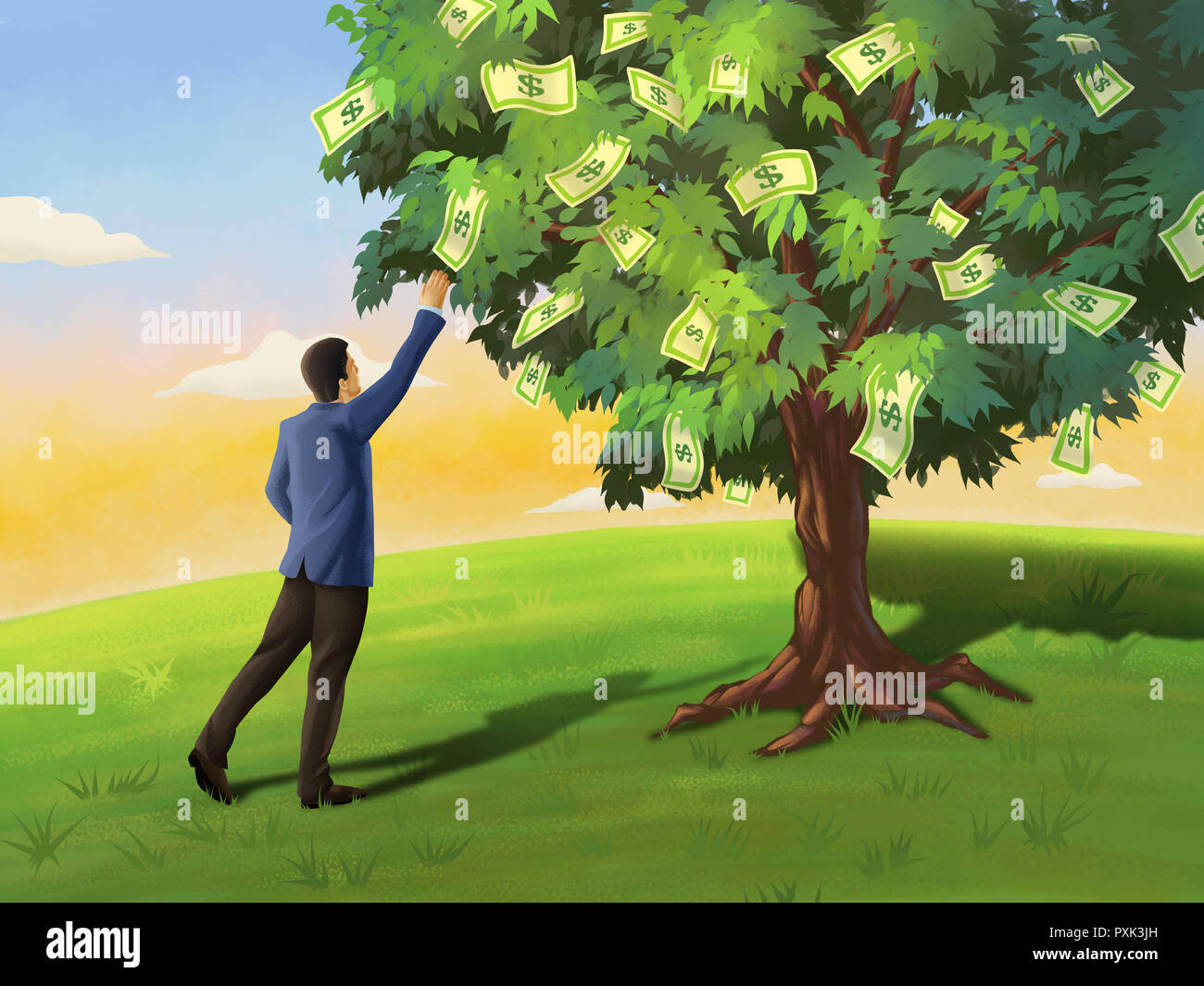 Imprenditore afferrando un dollaro a partire da un albero. Illustrazione Digitale. Foto Stock