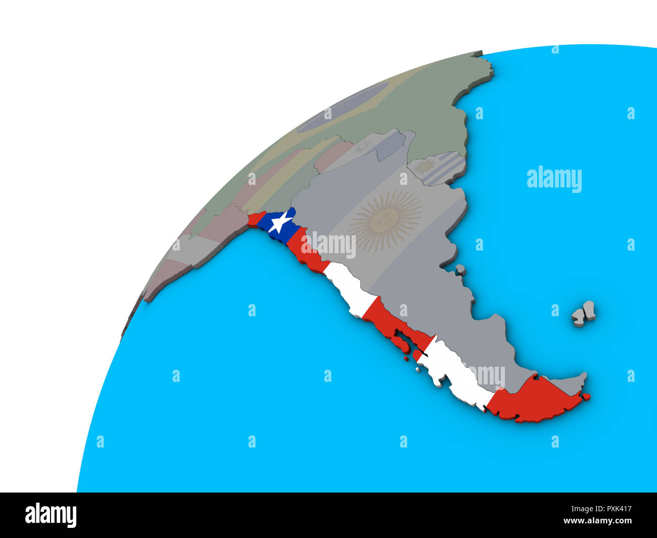 Il Cile con bandiera nazionale sul globo 3D. 3D'illustrazione. Foto Stock