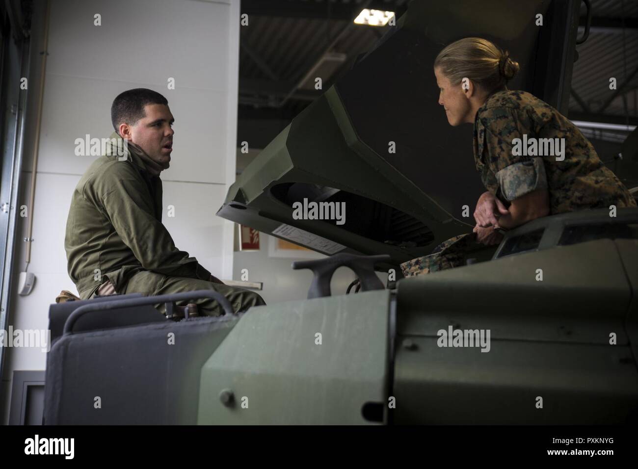 Brig. Gen. Helen Pratt, 4 Marine Logistics Group comandante generale, si arrampica su di un assalto anfibio veicolo (AAV) per soddisfare Cpl. Yudiel Suarez, un crewman AAV con 4° Battaglione di AAV, durante un tour del Marine Corps preposizionamento Program (MCPP-N) Grotte, 14 giugno 2017 nei pressi di Stjørdal, Norvegia. Marines eseguire interventi di manutenzione su AAV e garantire che il veicolo è in buone condizioni prima di restituirlo al magazzino. MCPP-N migliora l'interoperabilità tra gli Stati Uniti e la Norvegia, potenziare l'accesso a una chiave strategica regione all'interno degli STATI UNITI Comando europeo area di responsabilità. Foto Stock