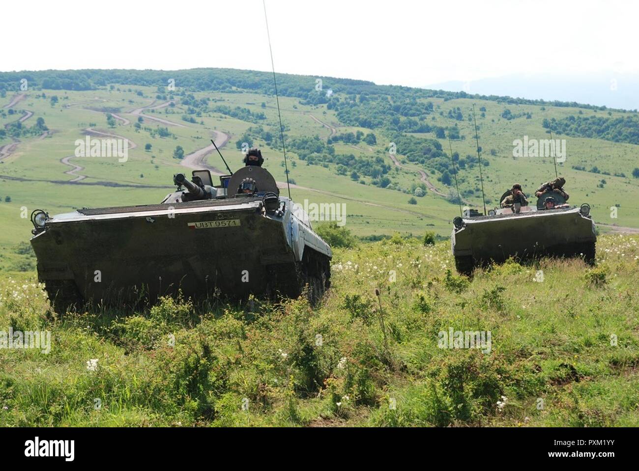 11 giugno 2017 soldati polacchi dal decimo battaglione meccanizzato 'Dragons' e il polacco BWP-1 di combattimento della fanteria treno veicoli durante l'esercizio nobile salto in Romania. Intorno al 4000 truppe provenienti da nove paesi della NATO stanno partecipando in un esercizio che è stato progettato per testare la schierabilità delle NATO molto alta disponibilità Joint Task Force o VJTF. Foto Stock