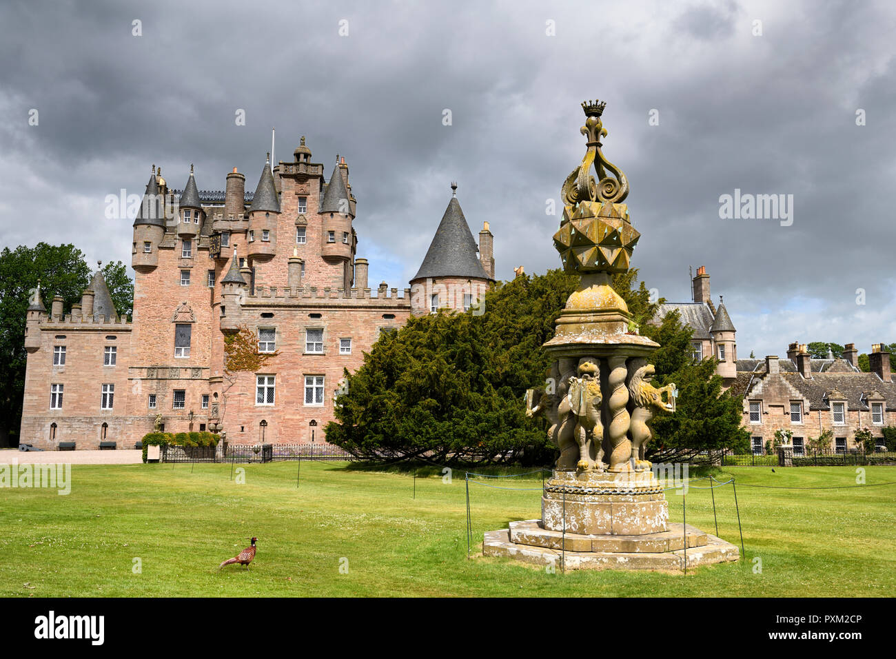 Prato anteriore di Glamis Castle selvaggio con anello di collo di fagiano e il grande orologio solare con 80 meridiane sulla parte superiore e 4 trattenuto dai Lions Scotland Regno Unito Foto Stock
