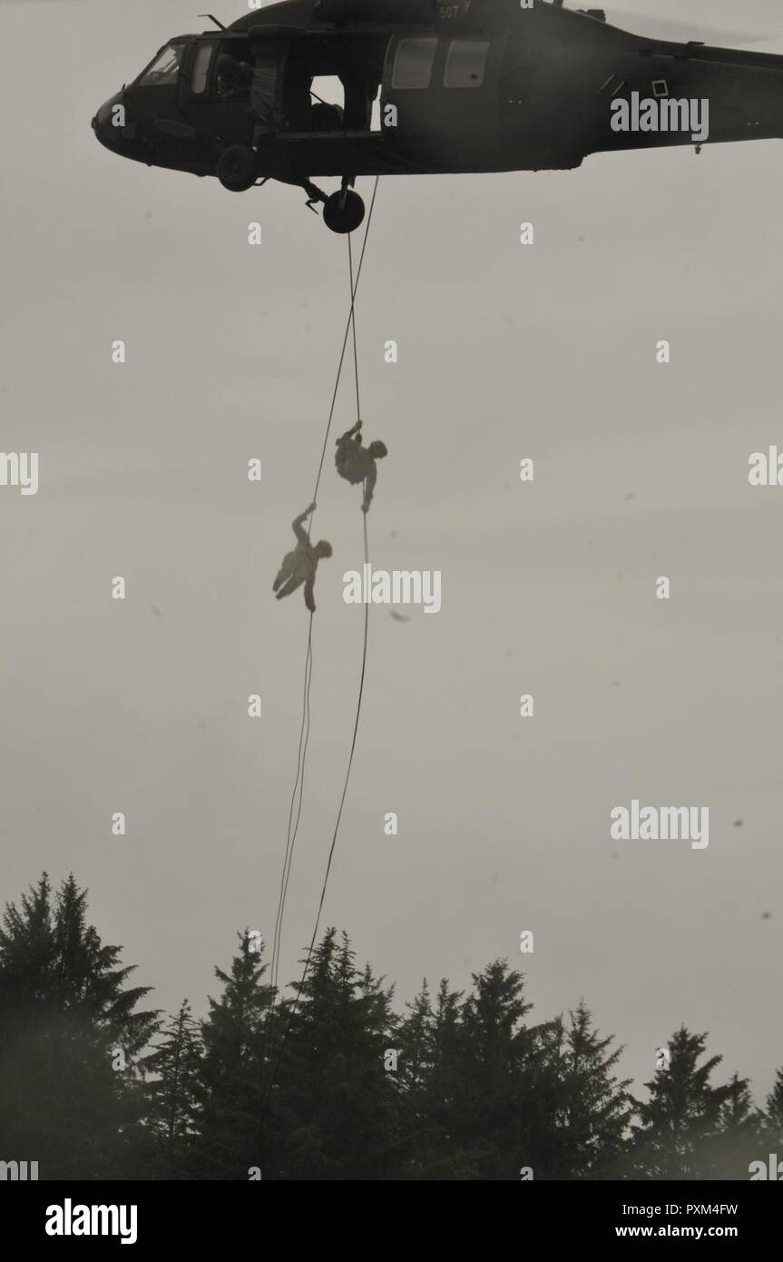 Soldati e aviatori rappel al di fuori di un UH-60 Black Hawk elicottero durante la Air Assault corso tenuto presso il Camp Rilea in Warrenton Oregon, Giugno 8, 2017. Rappelling è uno dei test di elementi di servizio deve completare per essere aggiudicati la Air Assault badge. Il corso consiste di allenamento fisico, ruck marche, istruzione in classe e a mani su esercizi pratici. Foto Stock