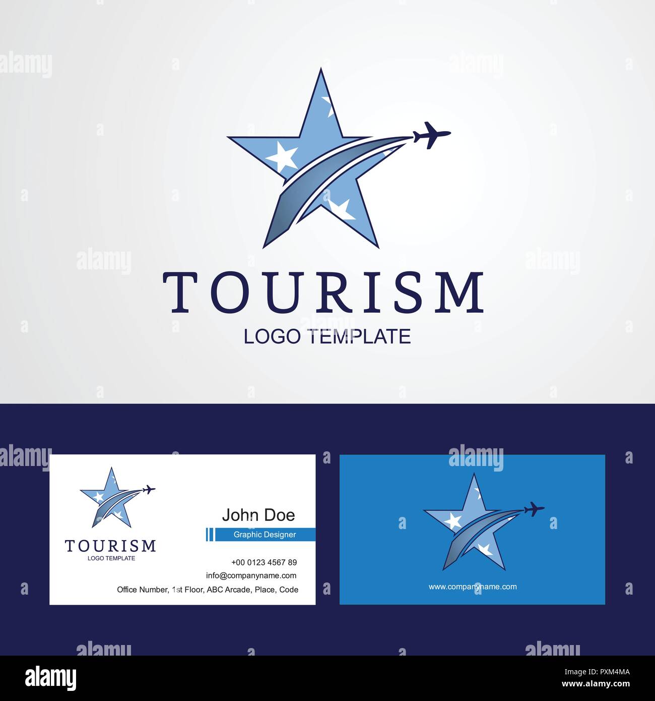 Viaggi Micronesia, Stati Federati bandiera Creative logo Star e business card design Illustrazione Vettoriale