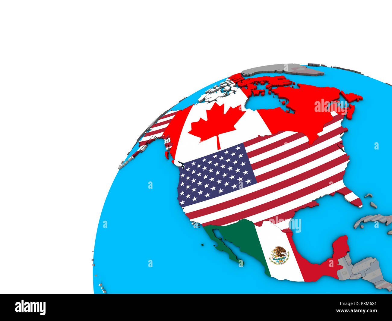 Il NAFTA memeber membri con bandiere nazionali sul globo 3D. 3D'illustrazione. Foto Stock