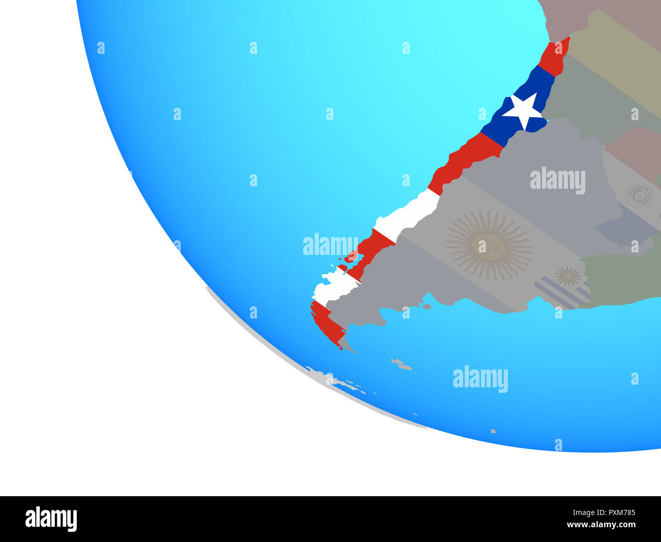 Il Cile con bandiera nazionale sul globo semplice. 3D'illustrazione. Foto Stock