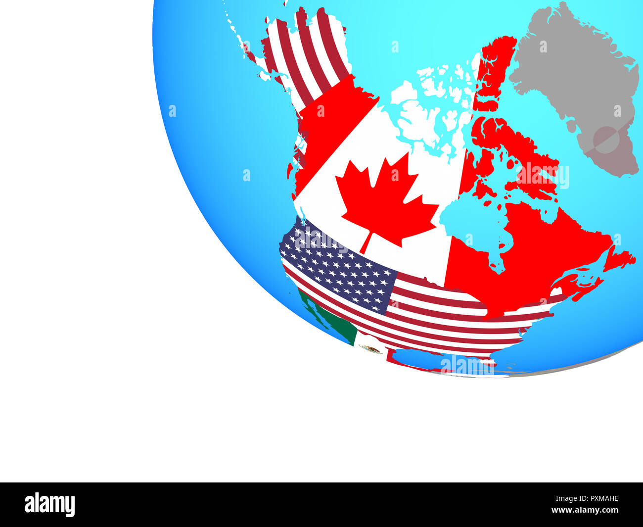 Il NAFTA memeber membri con bandiere nazionali sul globo semplice. 3D'illustrazione. Foto Stock