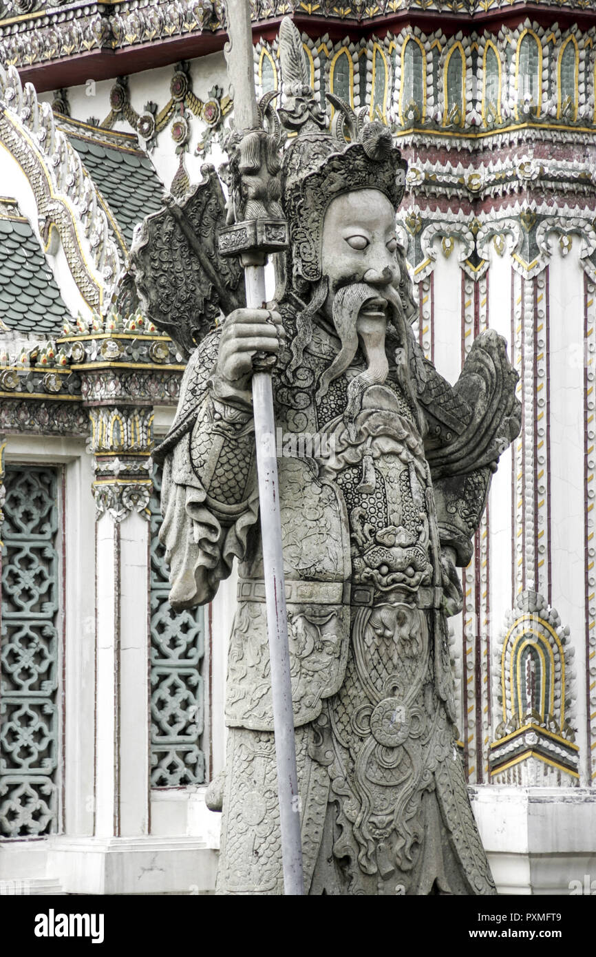 Wat Pho Tempel del Buddha Reclinato Tailandia Bangkok Tempel statua figura Tempelwaechter Stein dettaglio Close-up, Asien Suedost-Asien, Prades tailandese, mu Foto Stock