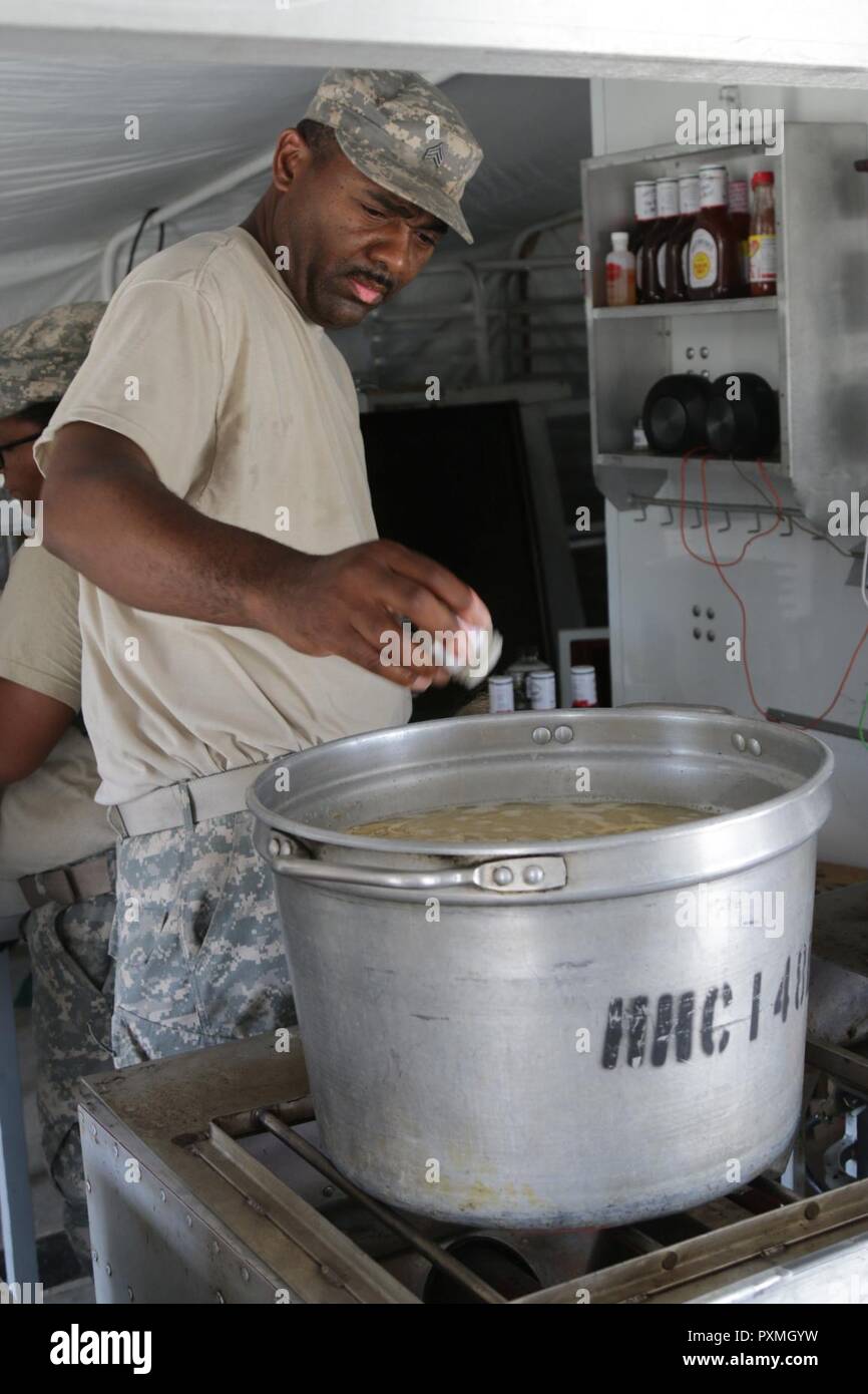 Sgt. Ronnie Johnson, un Food Service Specialist assegnato alla 48th fanteria Briage Team di combattimento, cuochi cena chow su Fort Stewart, Ga. Giugno 16. I soldati in 48th IBCT partecipano in una tre-la settimana di esercizio, konwn come esportabili combattere la capacità di formazione per certificare la brigata è pronta. Foto Stock