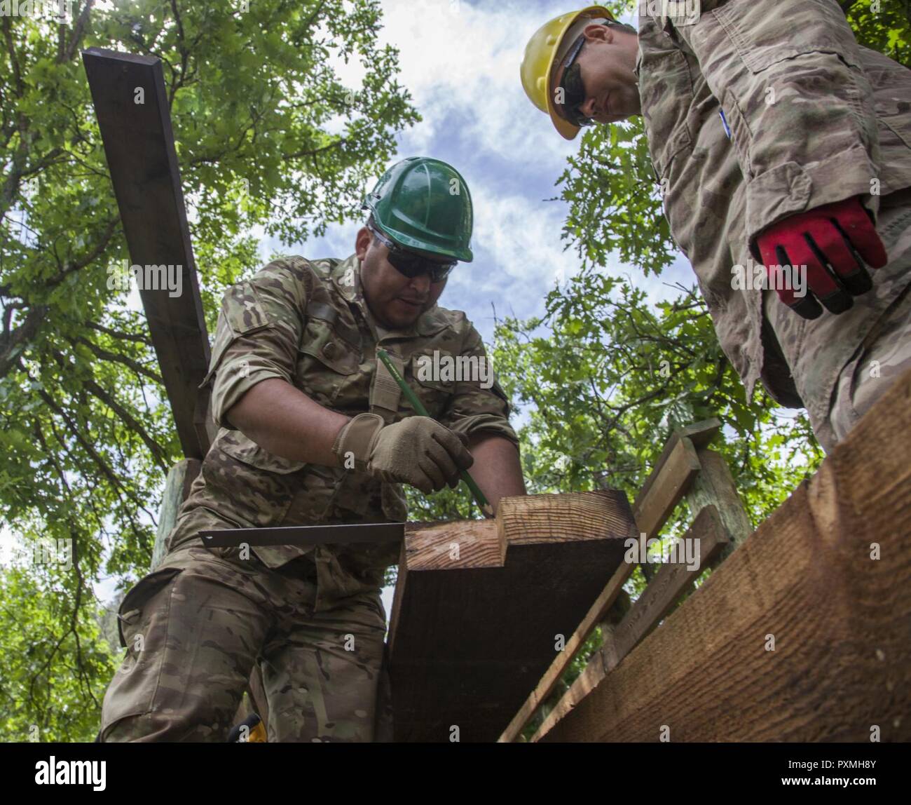 Soldato danese lancia Cpl. Al Frederiksen e Lance Cpl. Stephen Bjerre, 3° Battaglione di costruzione, armata danese, scala di un pezzo di legno per un ponte pedonale durante il Golden Coyote esercizio a Custer State Park, Custer, S.D., 16 giugno 2017. Il Golden Coyote è un esercizio a tre-fase, scenario di esercizio di condotta condotta in Black Hills del Sud Dakota e Wyoming, quali comandanti permette di concentrarsi sulla missione requisiti essenziali per lo svolgimento delle attività e le attività del guerriero e punte di battaglia. Foto Stock