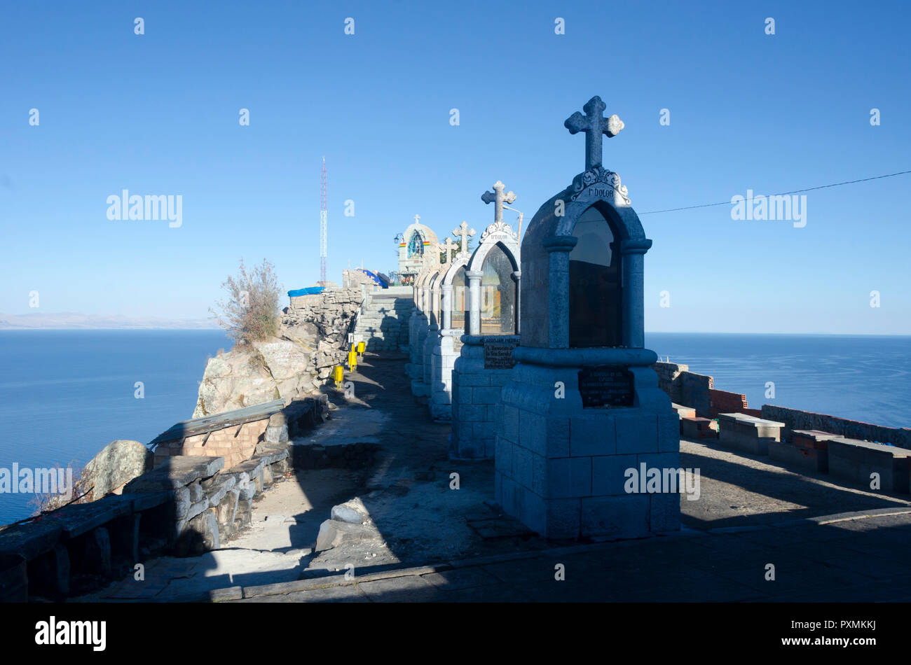 Cerro de Calvario, collina del tempio, Copacabana, Lago Titicaca, Bolivia Foto Stock