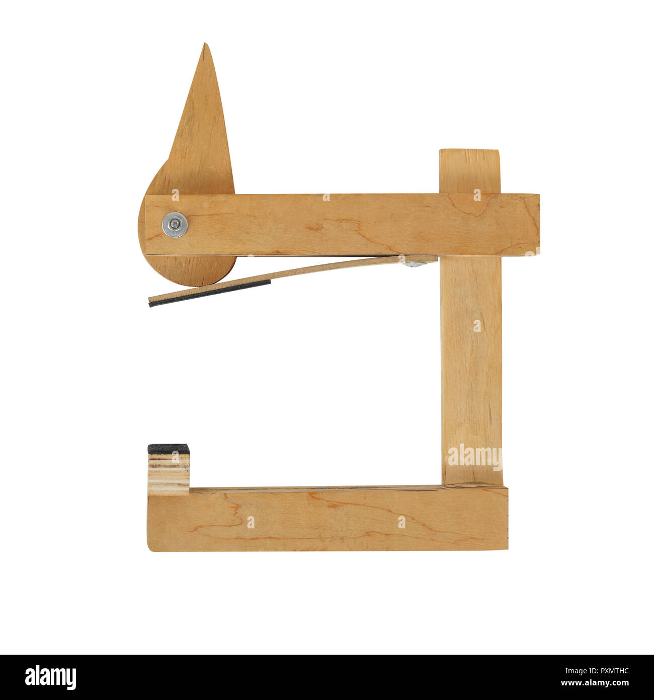 Costruzione, riparazione, strumenti - fatto a mano in legno Pinza a camma isolato sfondo bianco vista superiore Foto Stock