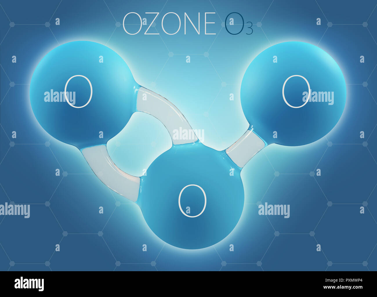 O3 ozono 3d molecola isolata su sfondo astratto. Foto Stock