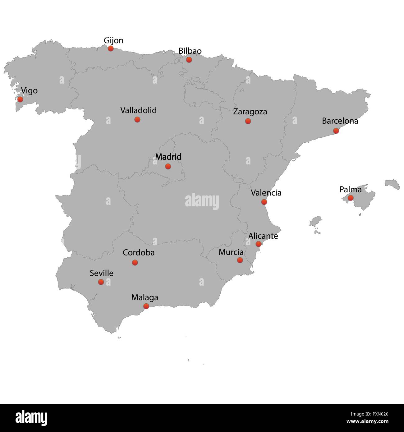Mappa dettagliata della Spagna con la città Illustrazione Vettoriale