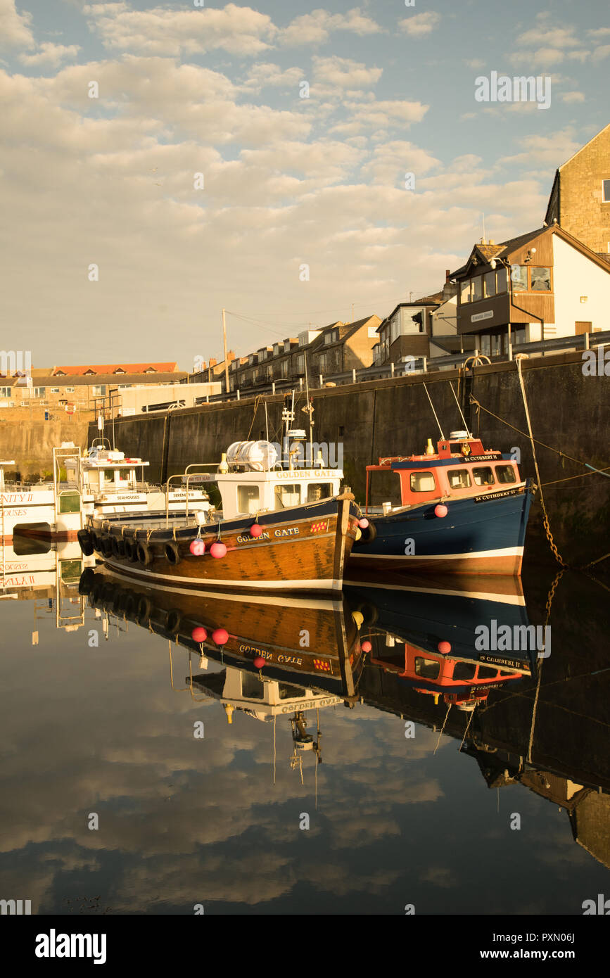 Le riflessioni di imbarcazioni da diporto in porto Seahouses, Northumberland, Inghilterra Foto Stock
