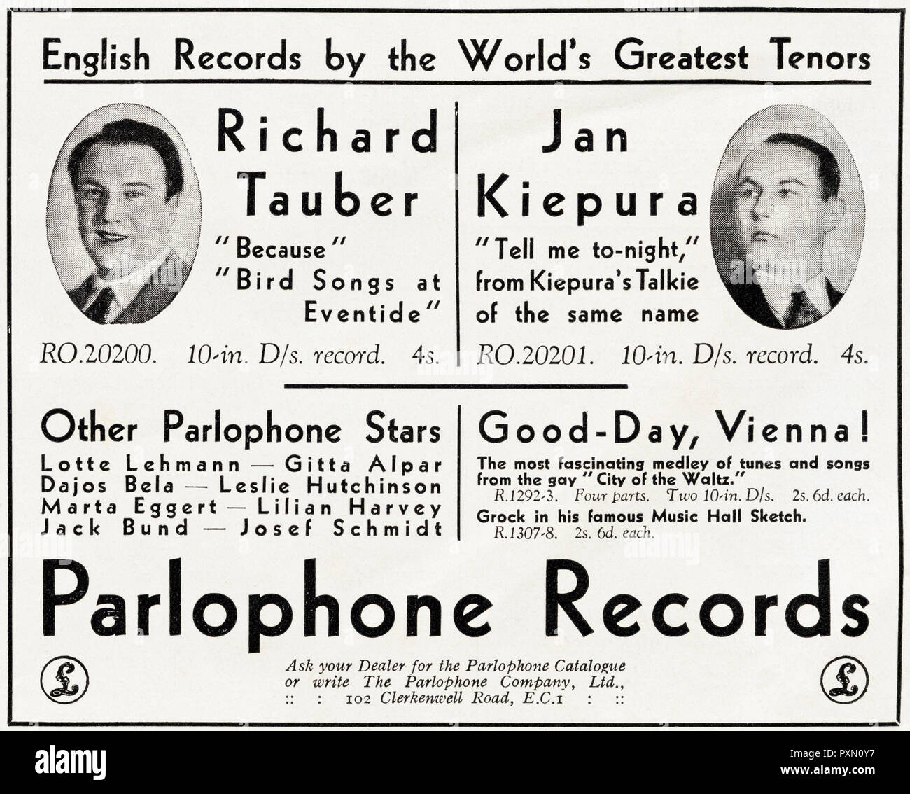 1930s vecchio vintage originale pubblicità pubblicità Parlophone Record con tenori Richard Tauber e Jan Kiepura nella rivista inglese circa 1932 Foto Stock