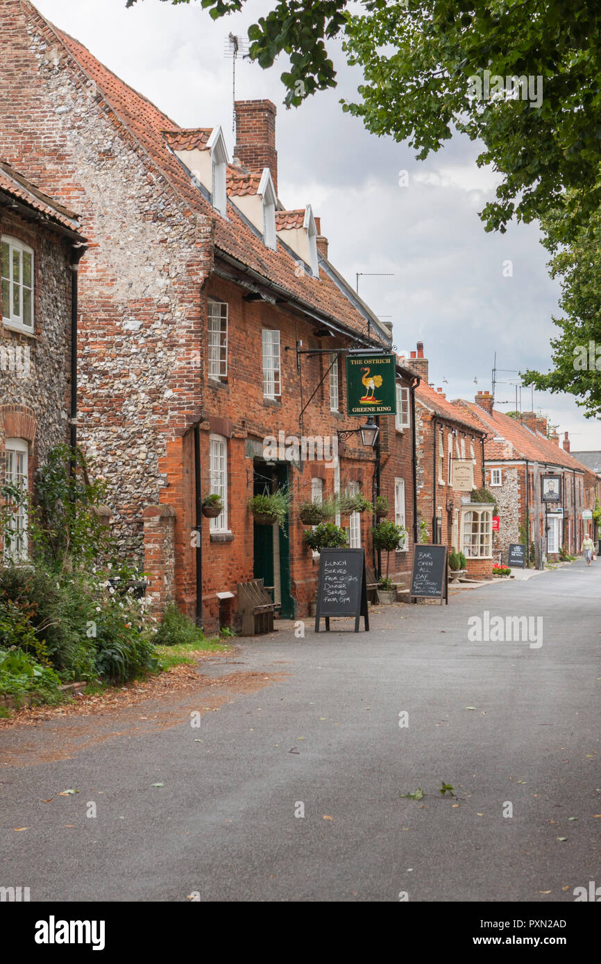 Il pittoresco villaggio di Castle Acre Norfolk, guardando verso le scorte verde, lo struzzo pub e l'Albert Victor Inn. Inghilterra, Regno Unito Foto Stock