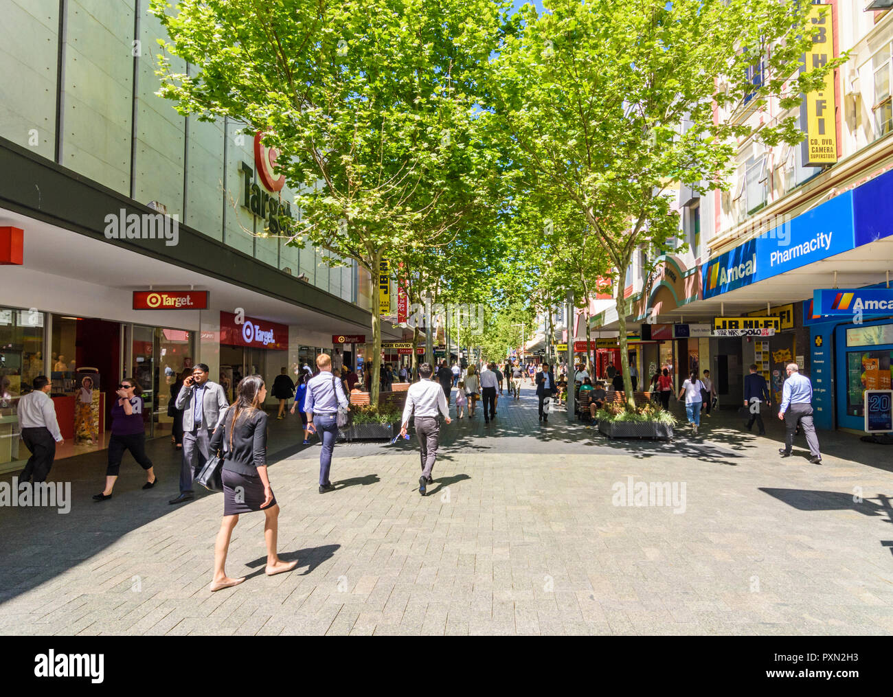 Hay Street Mall shopping nel centro della città di Perth, Western Australia Foto Stock