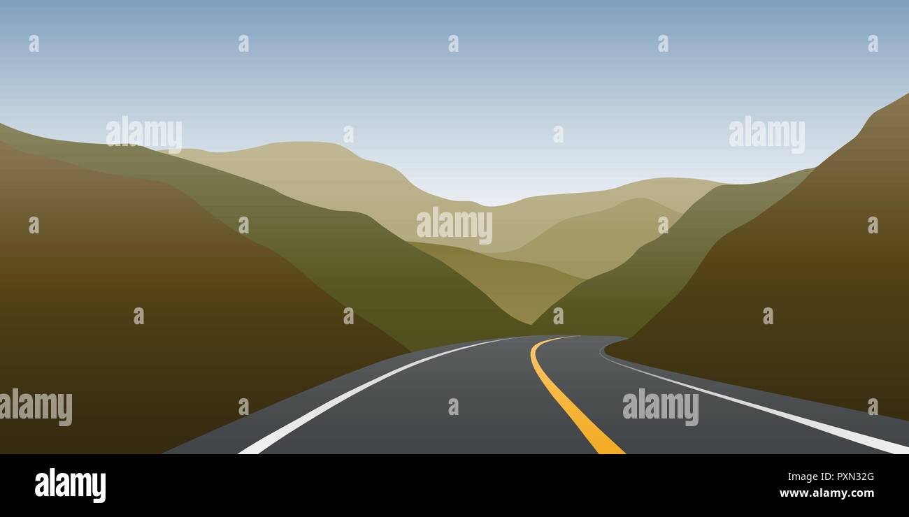 Asfalto autostrada tra le montagne paesaggio viaggio illustrazione vettoriale EPS10 Illustrazione Vettoriale