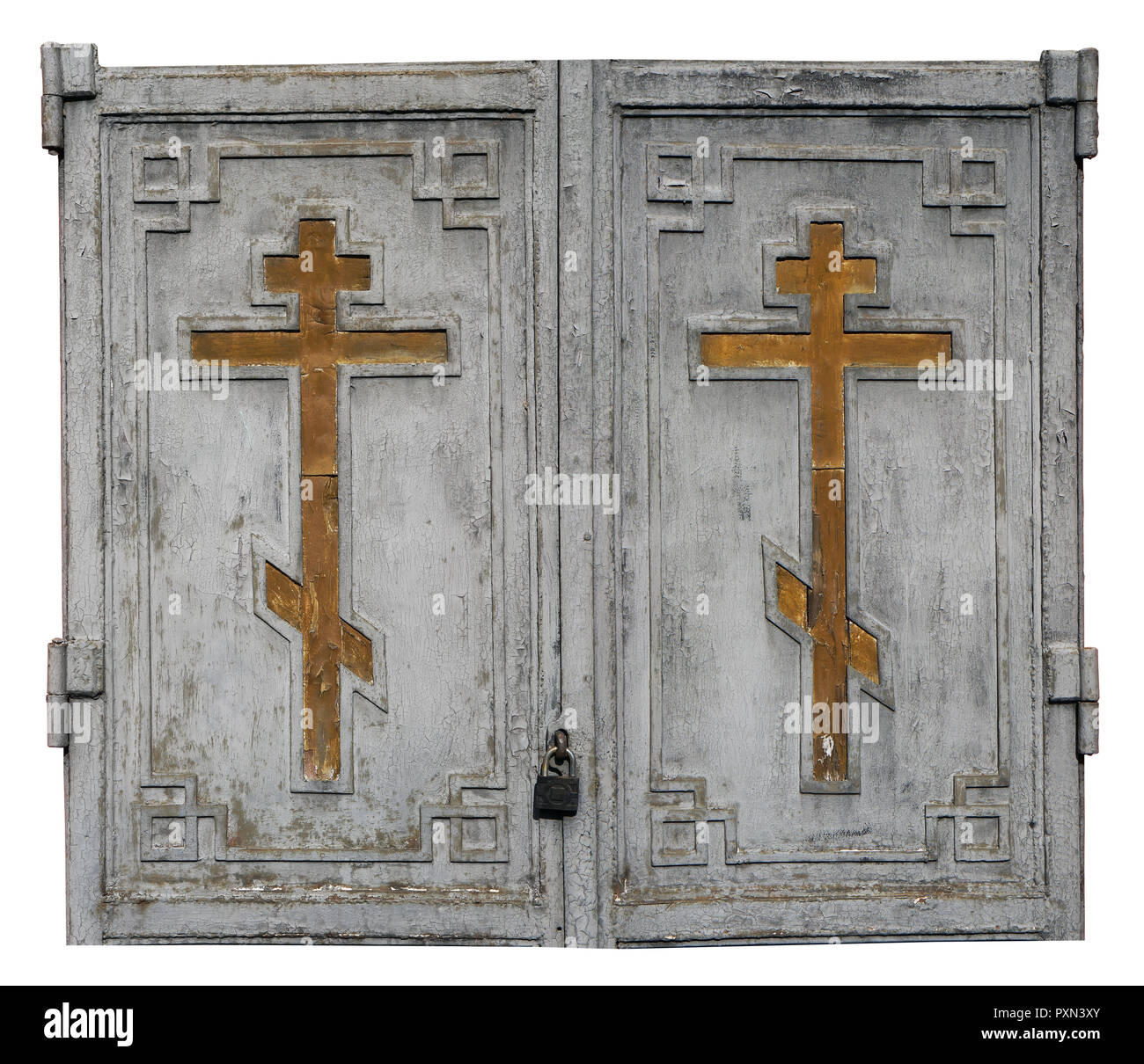 Frammento di blocco porte di legno della vecchia chiesa storica con golden croci cristiane. La vernice grigia pelato via da tempo. Isolato su bianco Foto Stock