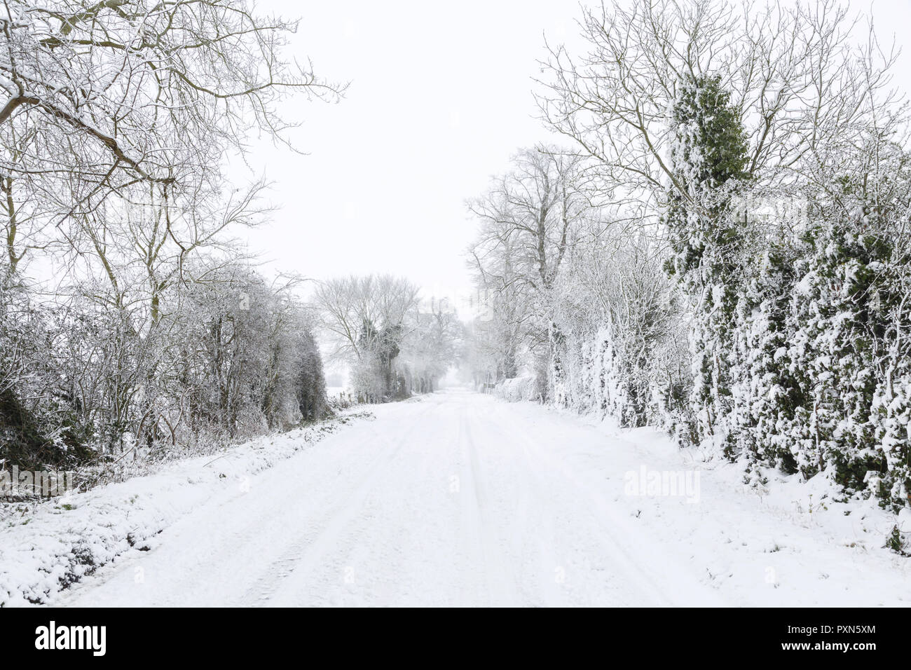 Coperta di neve strada nella campagna inglese e in inverno. Buckinghamshire, UK Foto Stock