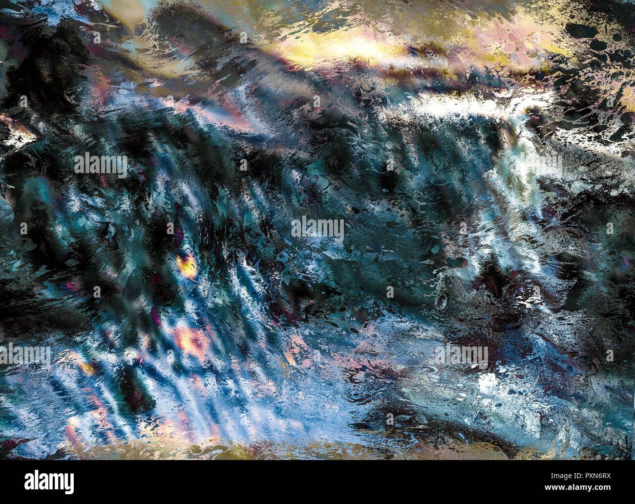 Colorato sfondo astratto, carta da parati e ricco e luminoso, texture con spazio per il testo. Acrilico liquido misto a colori spazzolata. Underwater fantasy giornate mondiali Foto Stock