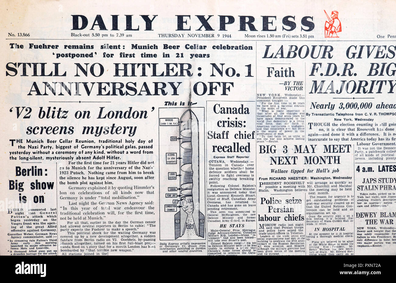 'Still No Hitler: No.1 Anniversario Off' 'V2 blitz su Londra ......" seconda guerra mondiale durante la Seconda Guerra Mondiale prima pagina del Daily Express giornale 9 Novembre 1944 Foto Stock