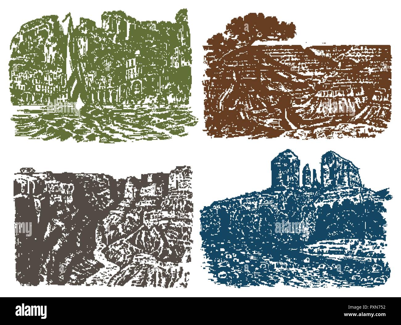 Picchi di montagna con la foresta. Il Grand Canyon in Arizona. Grafico monocromatico paesaggio. Incisi disegnati a mano il vecchio sketch. Illustrazione Vettoriale per un poster o un'etichetta. Illustrazione Vettoriale