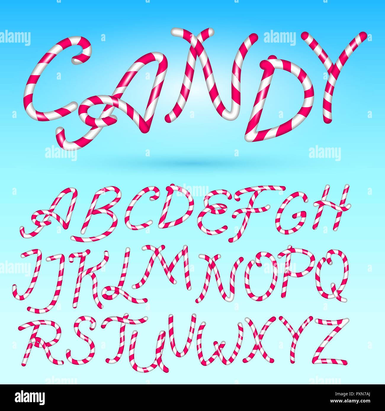 Candy Cane Font. Dolce alfabeto comico Set. Isolato. Lettering modello. Zucchero rosa kids. Fumetto illustrazione vettoriale per party poster o etichette. Auguri di Buon Natale. Illustrazione Vettoriale