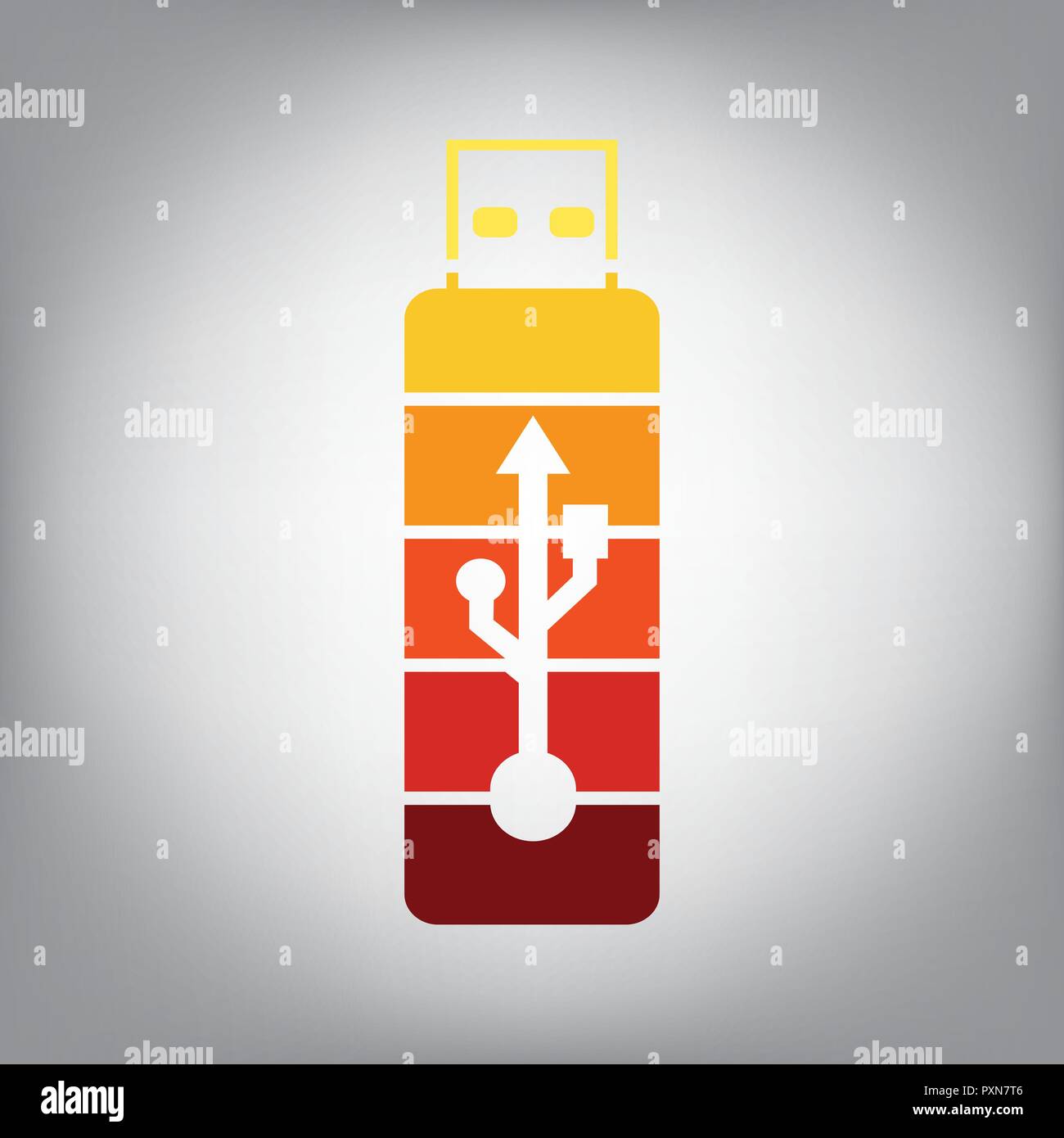 Unità flash USB segno. Vettore. Orizzontalmente icona affettata con colori dal gradiente di sole in uno sfondo grigio. Illustrazione Vettoriale