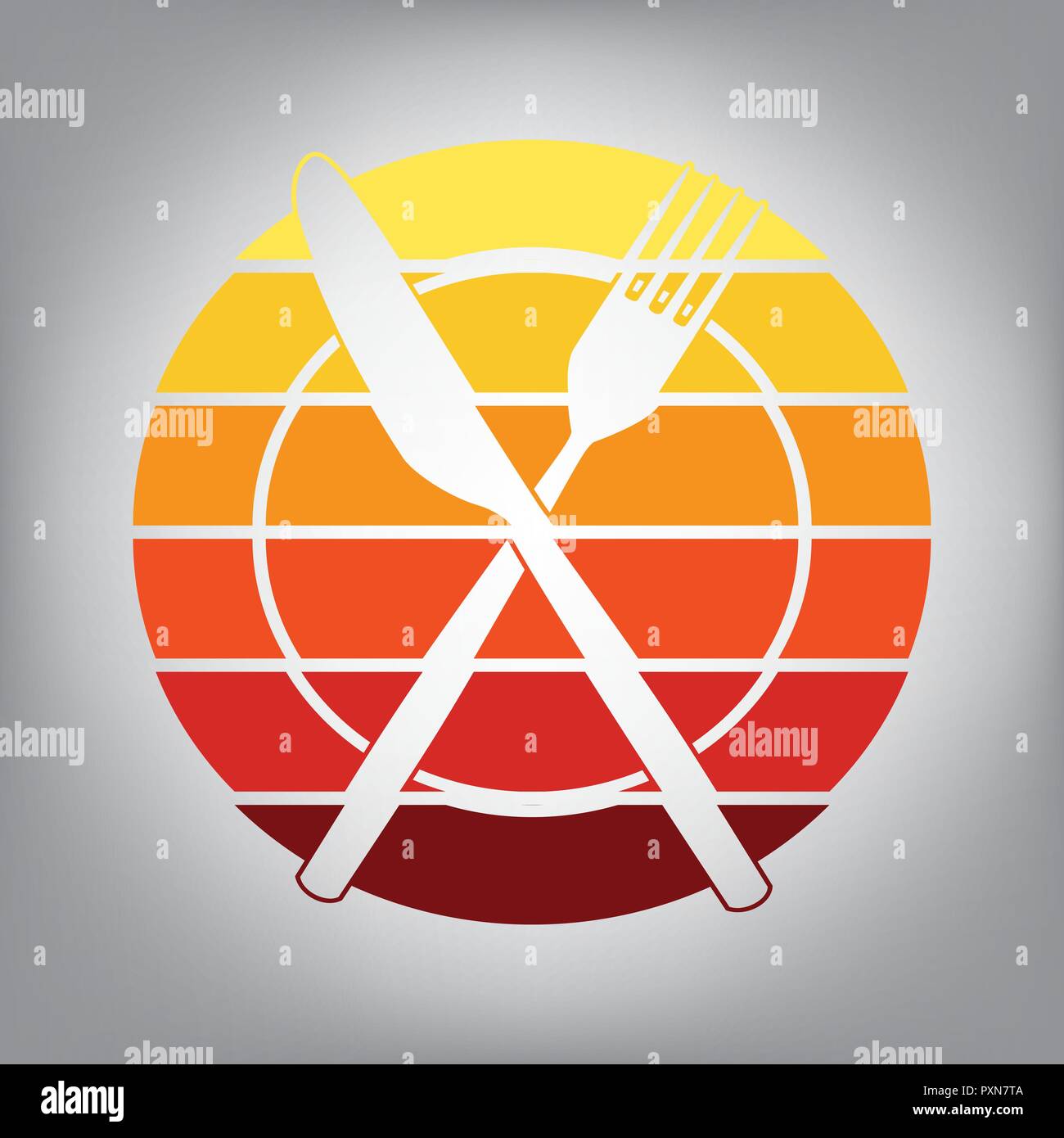 Forcella, il coltello e la piastra di segno. Vettore. Orizzontalmente icona affettata con colori dal gradiente di sole in uno sfondo grigio. Illustrazione Vettoriale