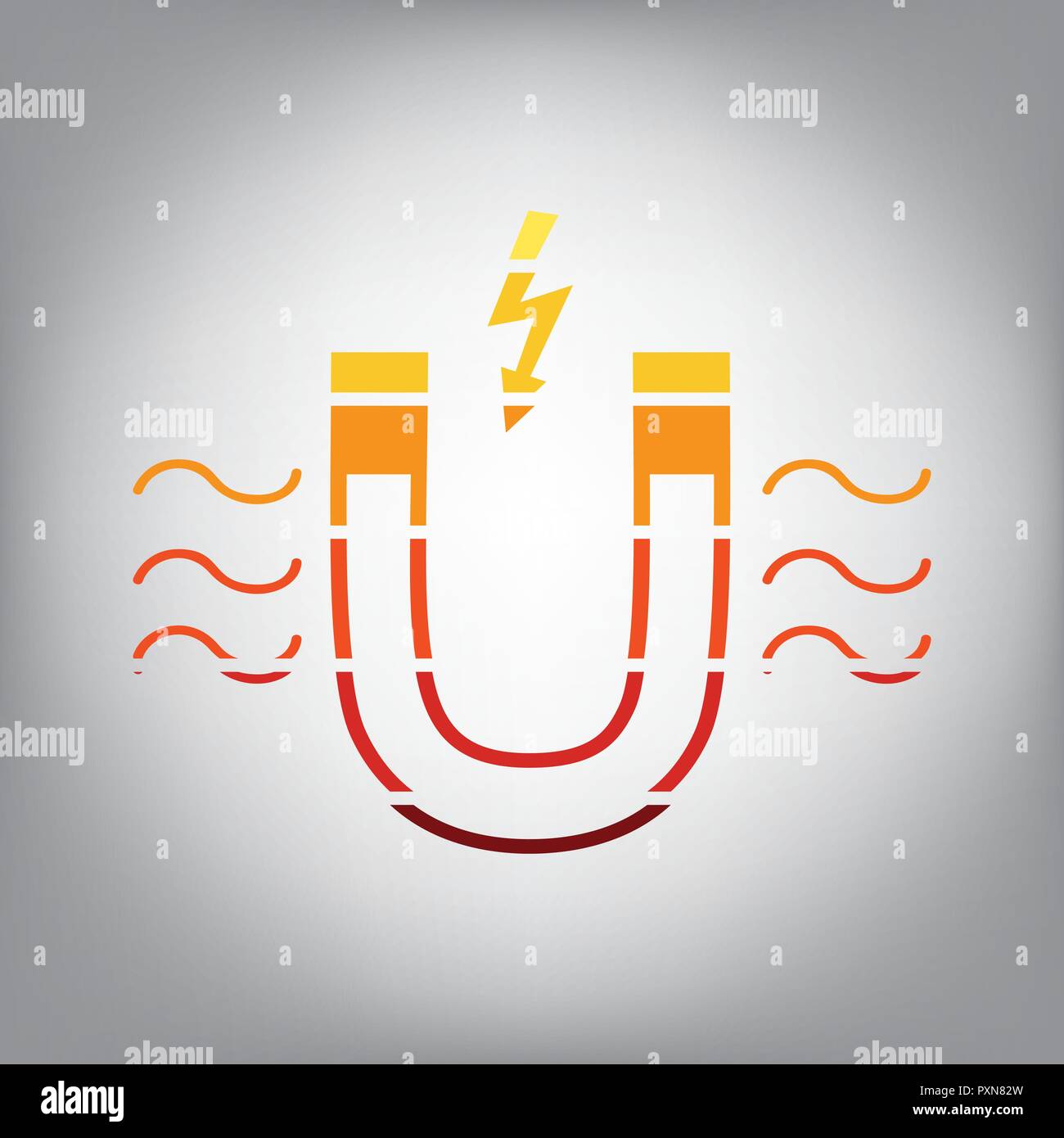 Magnete con una forza magnetica indicazione. Vettore. Orizzontalmente icona affettata con colori dal gradiente di sole in uno sfondo grigio. Illustrazione Vettoriale