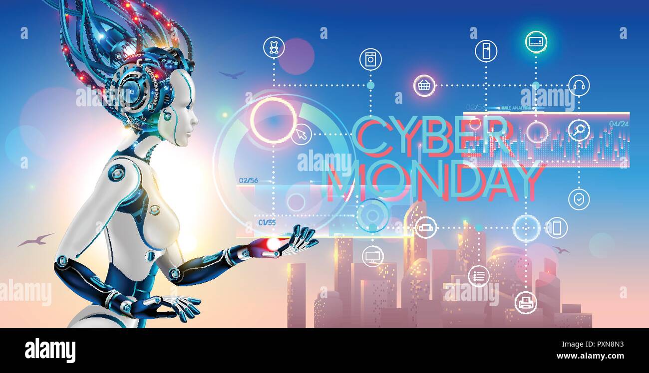 Cyborg donna ologramma mostra con testo cyber lunedì e icone internet online store. Robot evento pubblicità Vendita banner per la promozione del commercio elettronico. Illustrazione Vettoriale