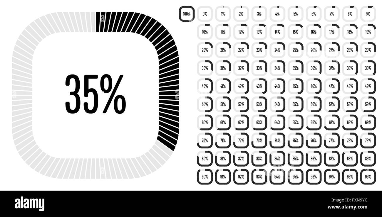 Set di rettangolo diagrammi di percentuale da 0 a 100 pronto per l'uso per il web design, l'interfaccia utente (UI) o una infografica - indicatore di nero Illustrazione Vettoriale