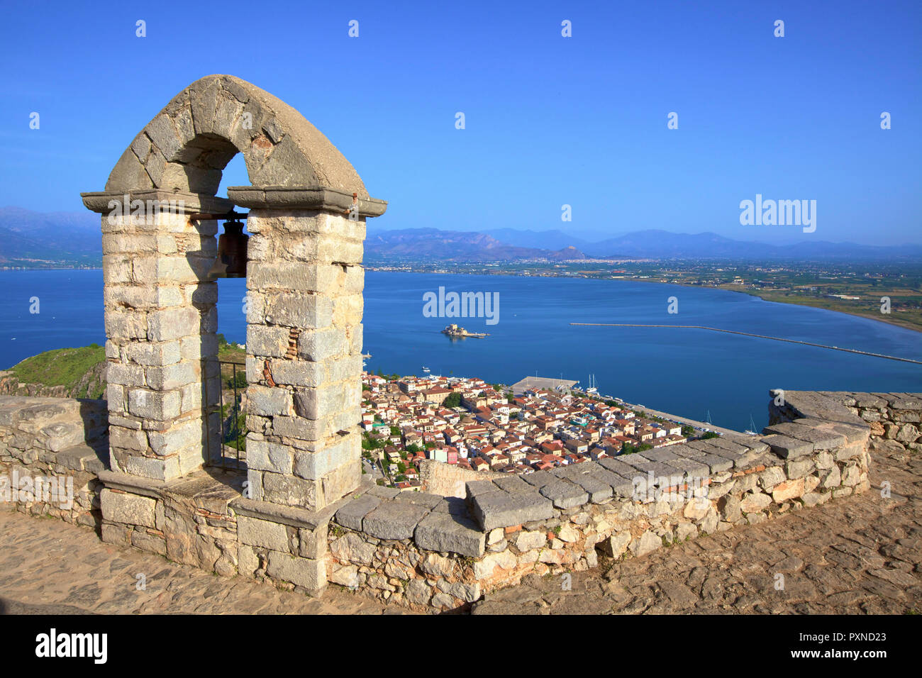 La torre campanaria a Palamidi Castle, Nafplio, Argolis, del Peloponneso, della Grecia e di tutta l'Europa meridionale Foto Stock