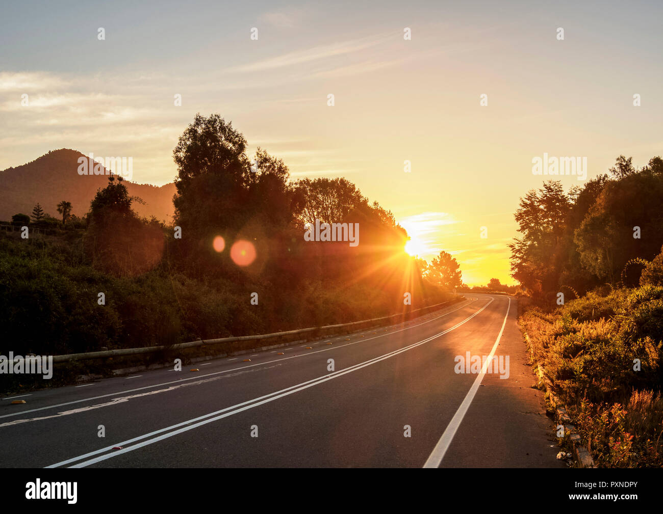Strada da Puerto Varas a Ensenada al tramonto, Llanquihue Provincia, Los Lagos Regione, Cile Foto Stock